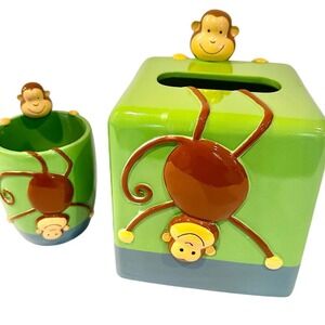 2006 Target Monkey Bathroom Tissue Cover & Toothbrush Holder Set